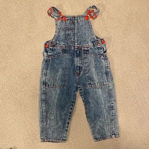 Hush Puppies vintage overalls in distressed denim with red accents